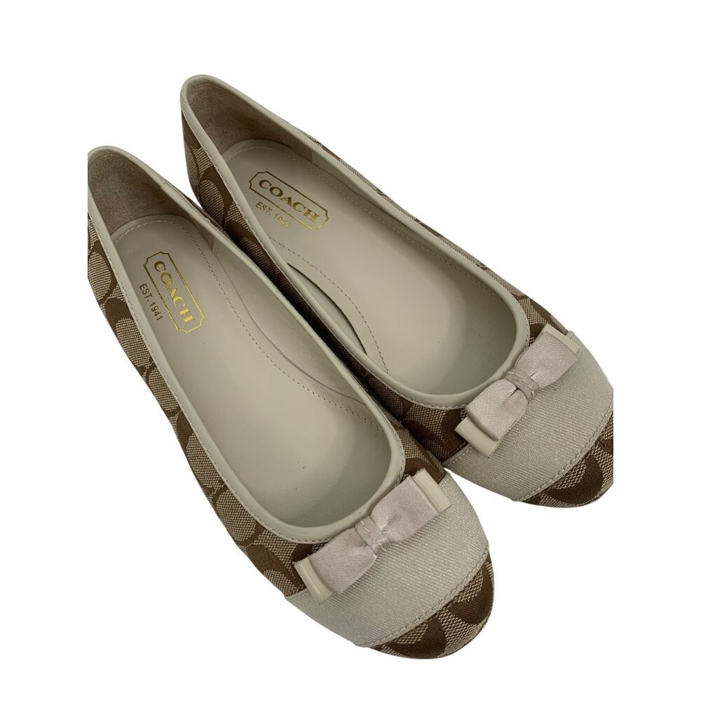 Coach Womens Cindie Flats Bow Beige & Brown 6M Y10664 Monogram Y10664 EUC